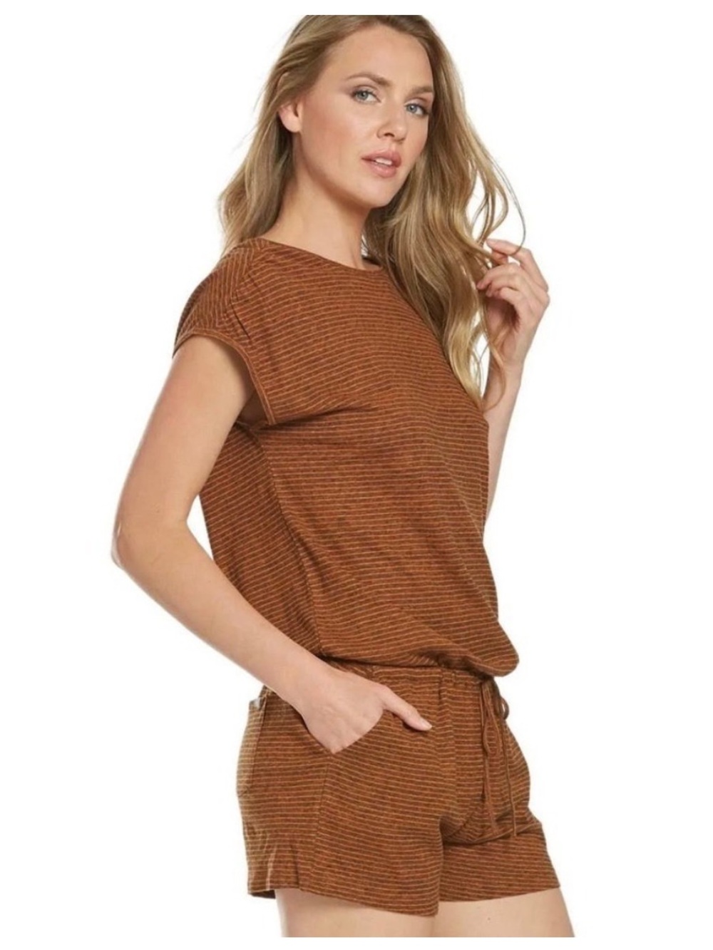 Prana Striped Retrieve Romper Lightweight Pockets Size XS Striped Rust Orange‎